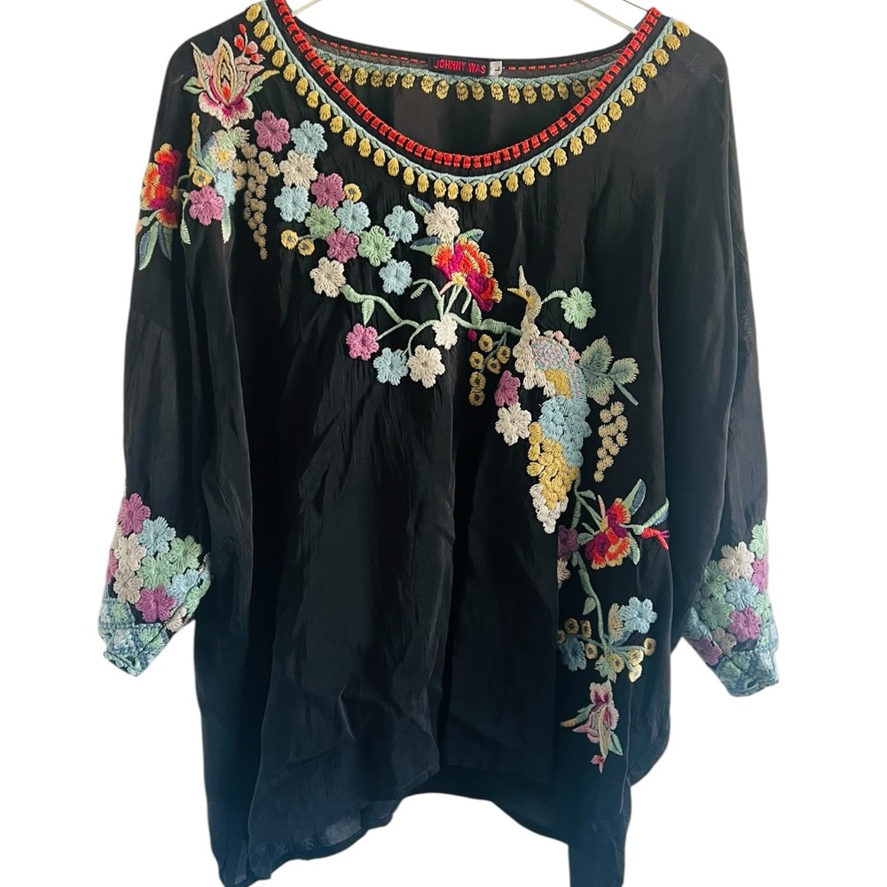 Johnny Was Black Embroidered Floral Top